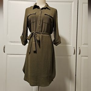 Monteau Olive Green Army Utility Chiffon High low Hem Dress Pockets Belt Bow